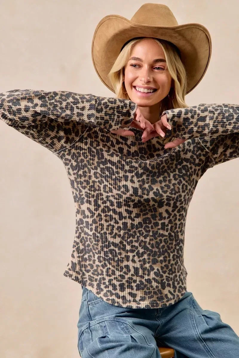 BiBi Leopard Print Washed Waffle Thermal Top with Thumb - DAVERRI FASHIONS