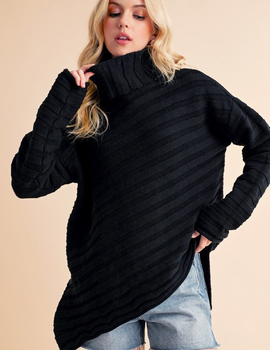 Aemi + Co Asymmetrical Side Slit Turtleneck Sweater Black