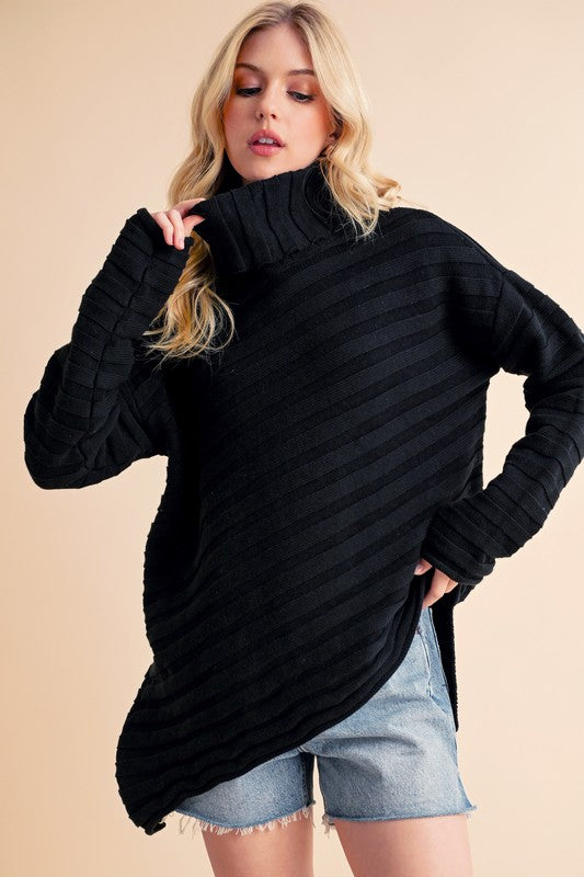 Aemi + Co Asymmetrical Side Slit Turtleneck Sweater Black