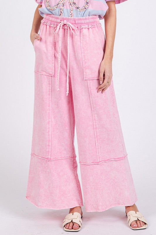 SAGE + FIG Mineral Washed Terry Wide Leg Pants Pink S Pants