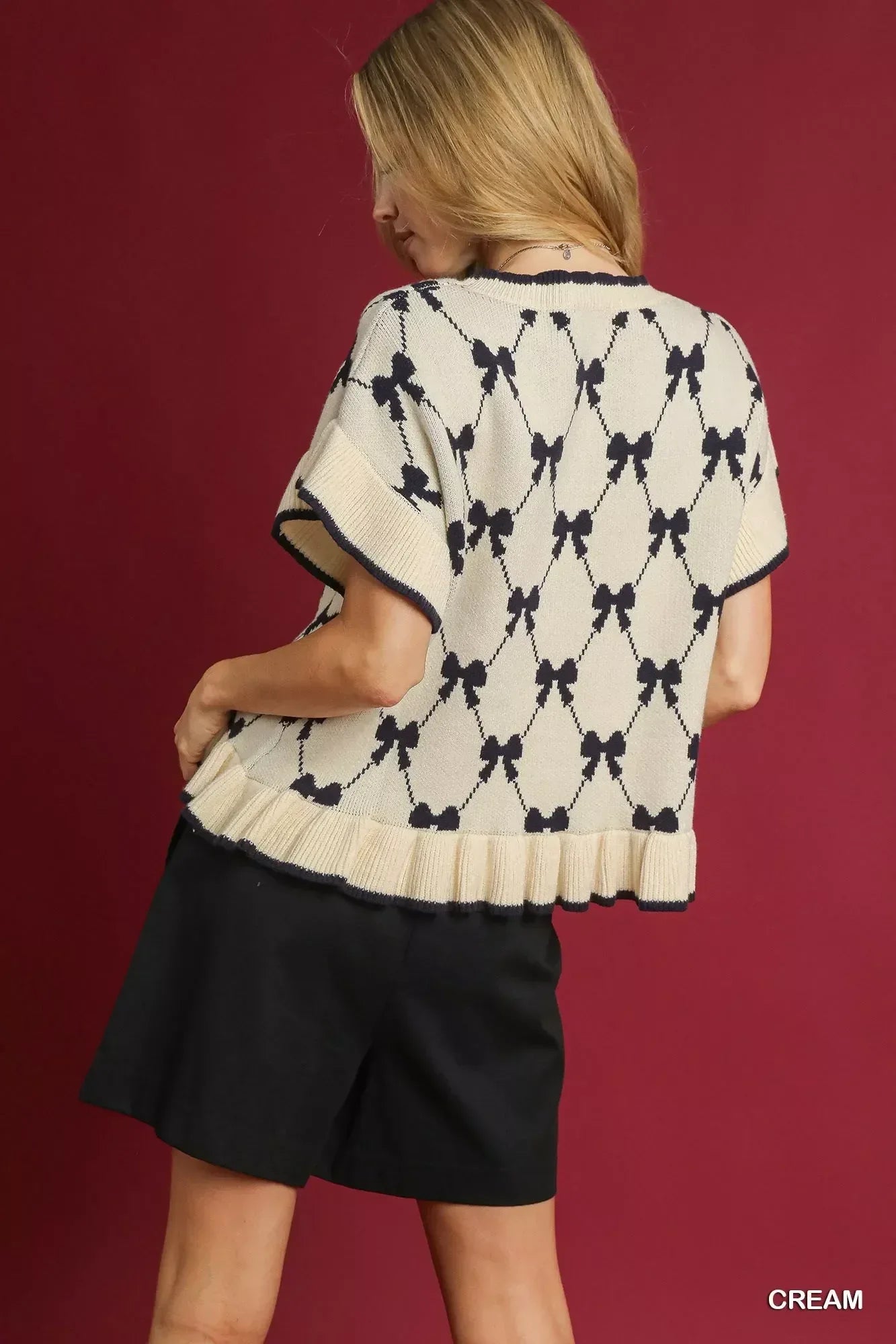 Umgee Bow Knit Ruffle Sleeve Sweater - DAVERRI FASHIONS