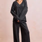Dark gray ribbed knit BiBi two-tone V-neck top and wide-leg pants set