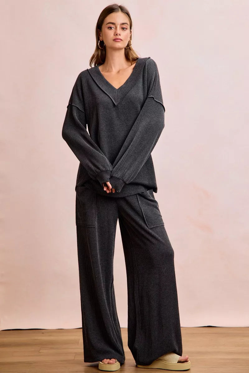 Dark gray ribbed knit BiBi two-tone V-neck top and wide-leg pants set