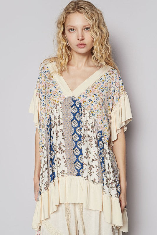 POL Ruffled Hem Printed V-Neck Short Sleeve Blouse