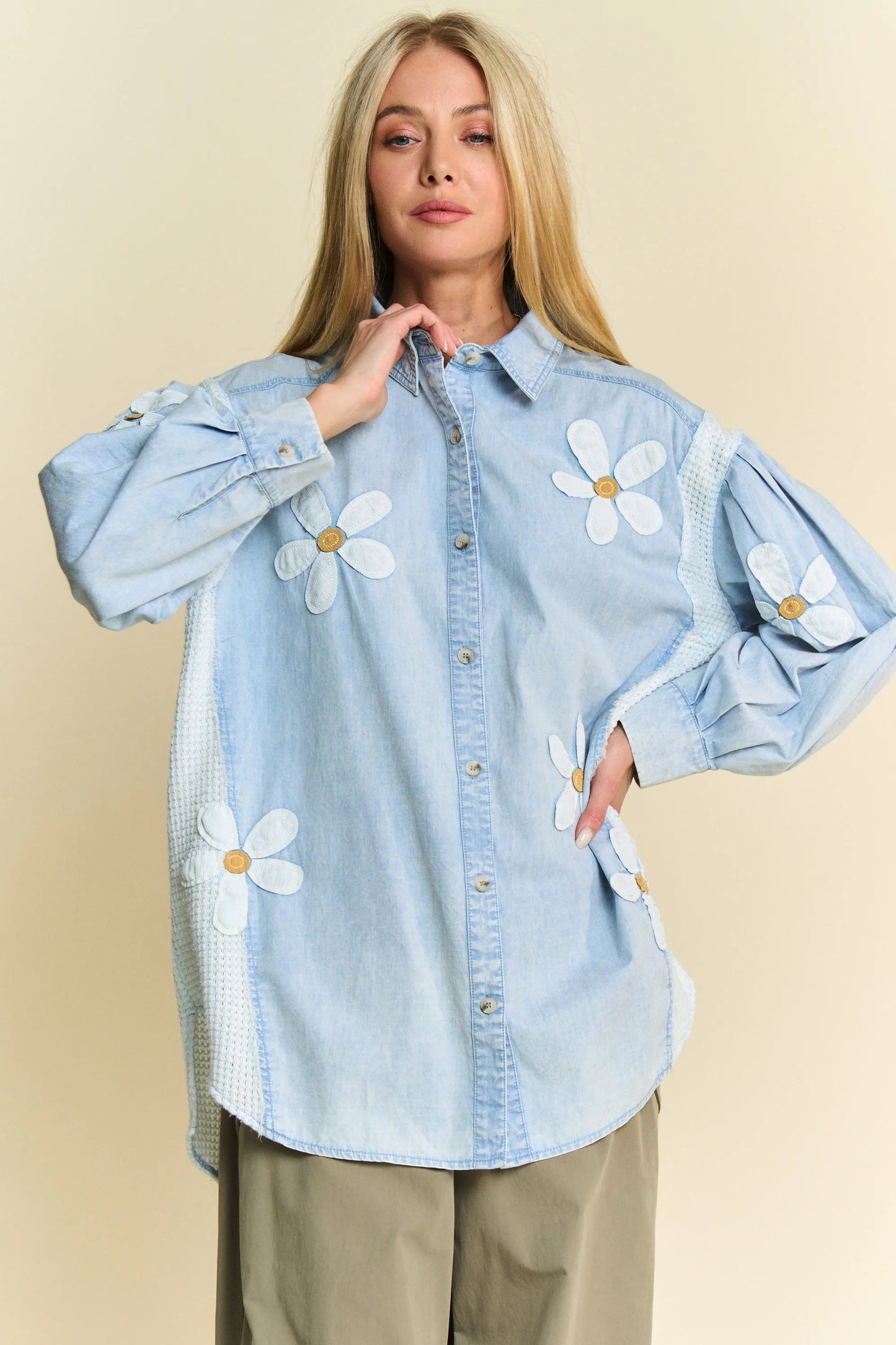Davi & Dani Lightweight Washed Daisy Patch Waffle Knit Shirt Shirts