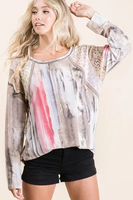 BiBi Tie Dye Knit Top with Print Block Shoulder - DAVERRI FASHIONS