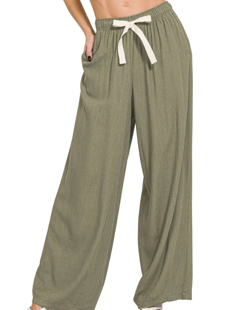 LT OLIVE Zenana Linen Drawstring Pants | Pants Daverri Fashions