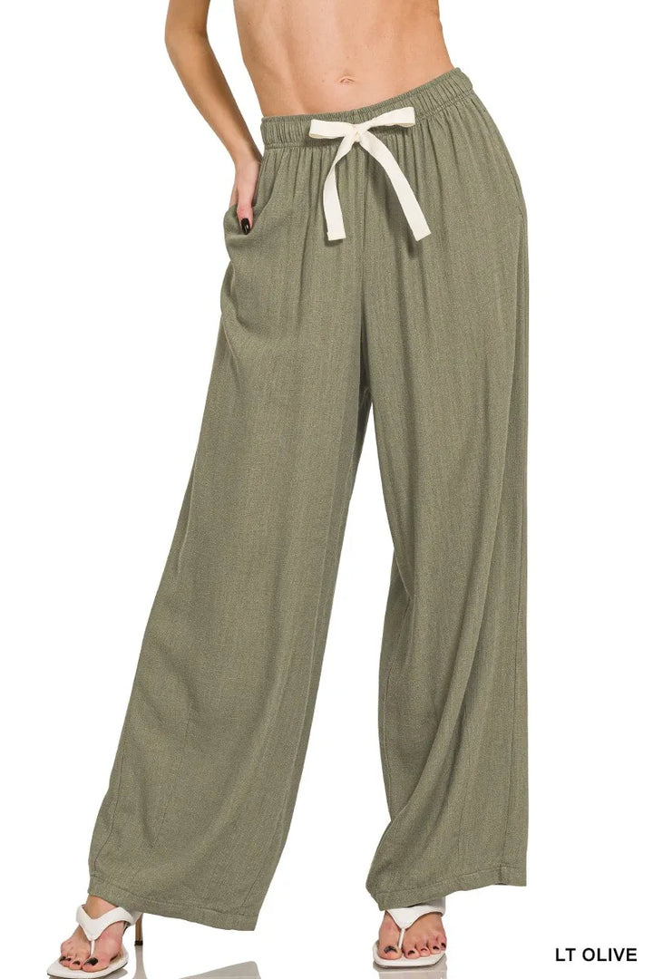 Zenana Linen Drawstring Pants LT OLIVE Pants