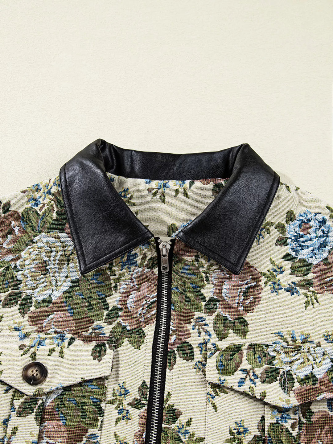 Vintage Floral Print Zip Up Contrast Collared Jacket | Jackets Daverri Fashions