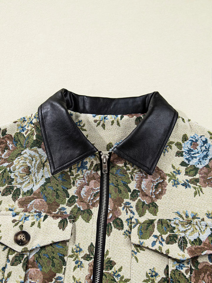 Vintage Floral Print Zip Up Contrast Collared Jacket | Jackets Daverri Fashions