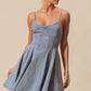 SO ME light-wash denim A-line fit and flare mini dress with thin straps