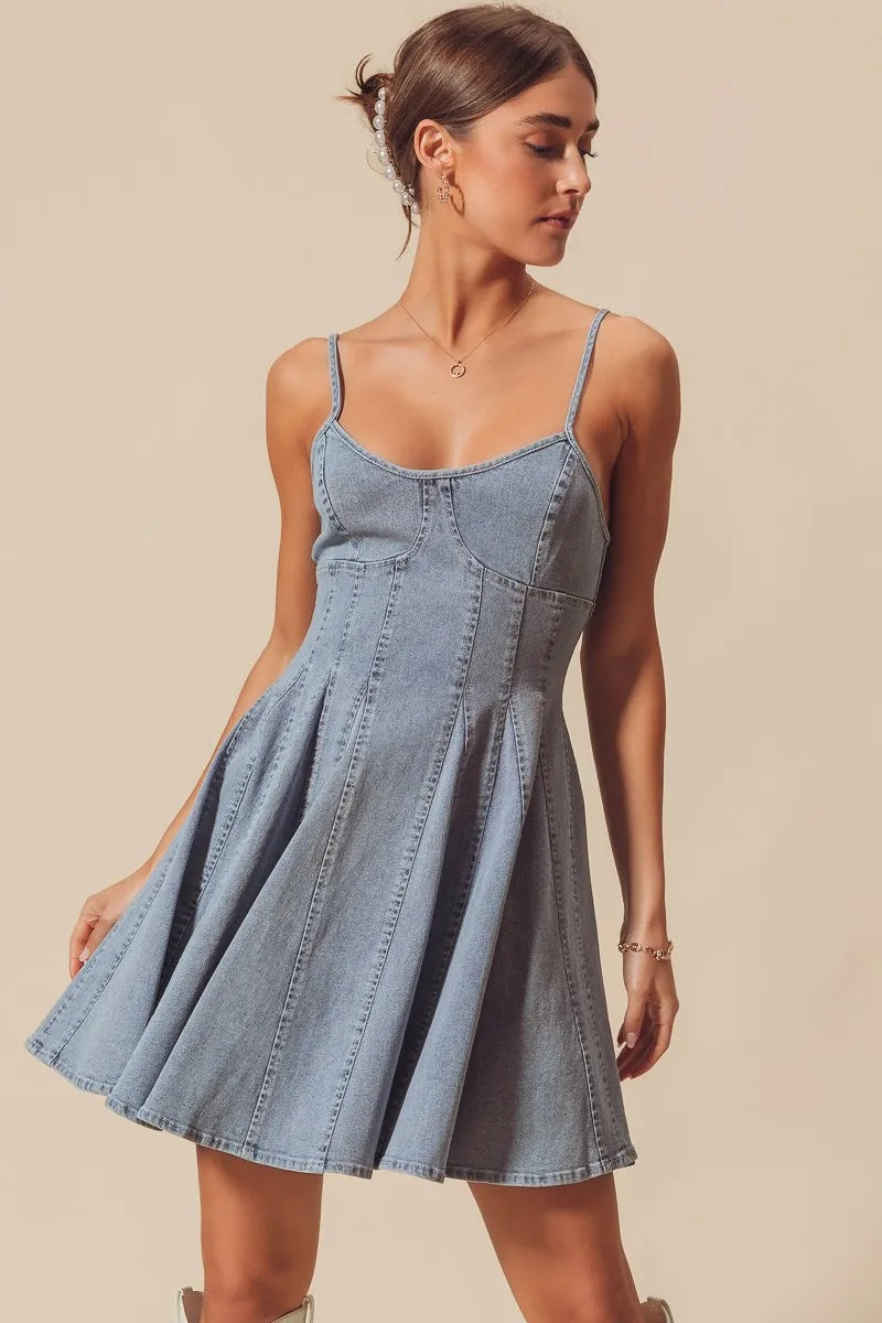 SO ME light-wash denim A-line fit and flare mini dress with thin straps