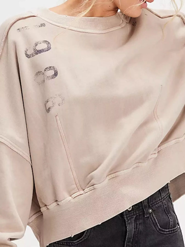 Printed Round Neck Dropped Shoulder Sweatshirt | Sweatshirts Daverri Fashions