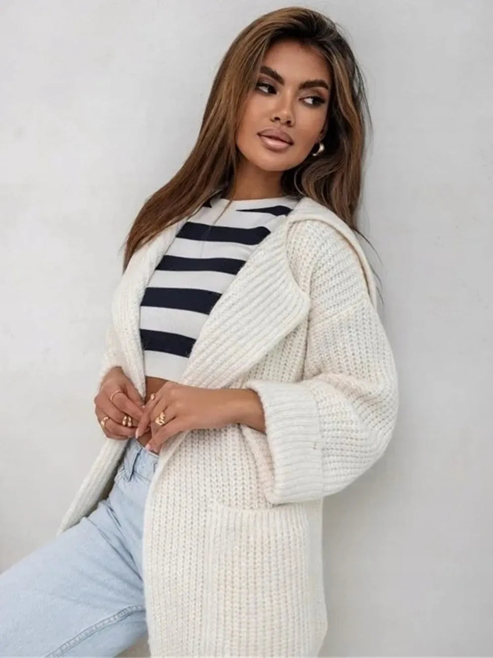 Pocketed Collared Neck Dropped Shoulder Cardigan | Cardigans Daverri Fashions