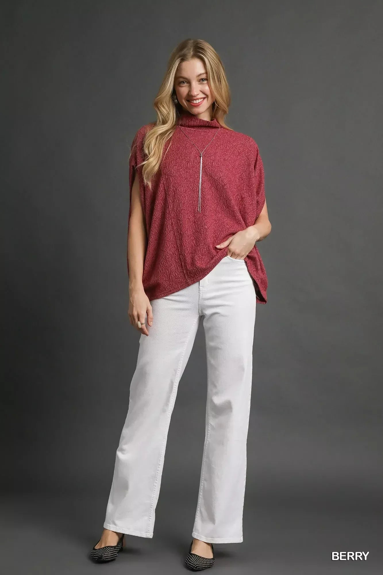 Umgee Textured Mock Neck Relaxed Top - DAVERRI FASHIONS