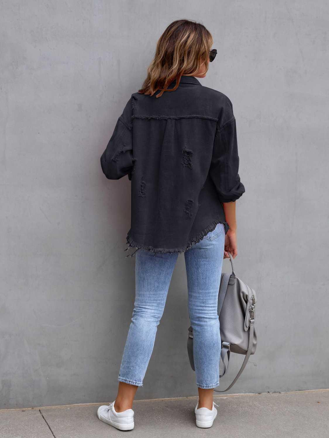 Distressed Drop Shoulder Denim Jacket - DAVERRI FASHIONS