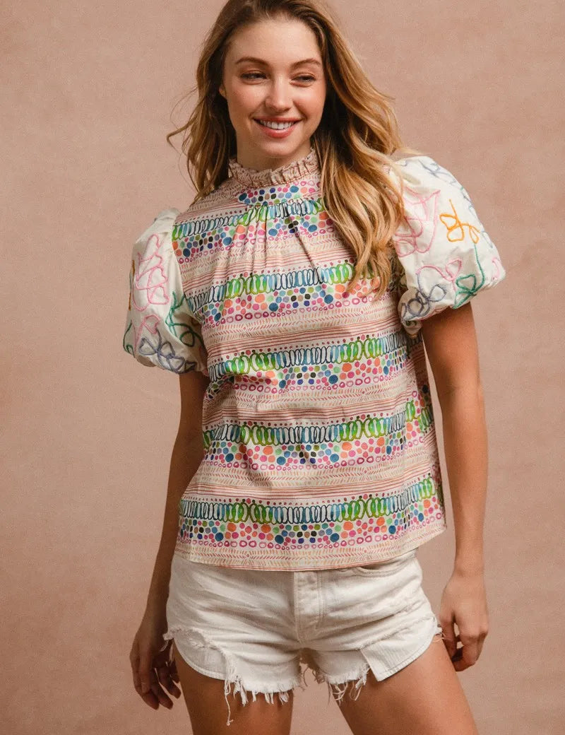 MULTI BiBi Ruffle Neckline Blouse With Embroidery Bubble Sleeve | Daverri Fashions