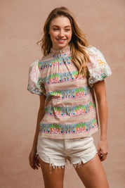 MULTI BiBi Ruffle Neckline Blouse With Embroidery Bubble Sleeve | Daverri Fashions