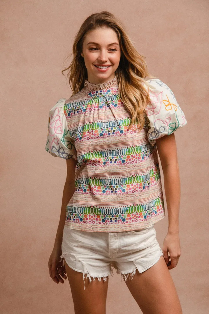 BiBi Ruffle Neckline Blouse With Embroidery Bubble Sleeve MULTI