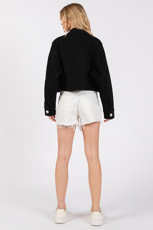 bytos Button Down Cropped Denim Jacket with Patch Pockets Denim Jackets