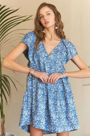 ADORA Printed V-Neck Ruffle Sleeve Mini Dress Denim Blue