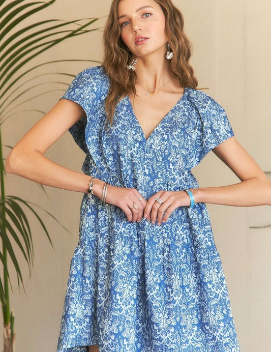 ADORA Printed V-Neck Ruffle Sleeve Mini Dress Denim Blue