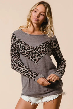 BiBi Sweater Knit Top With Leopard V Shape Block - DAVERRI FASHIONS