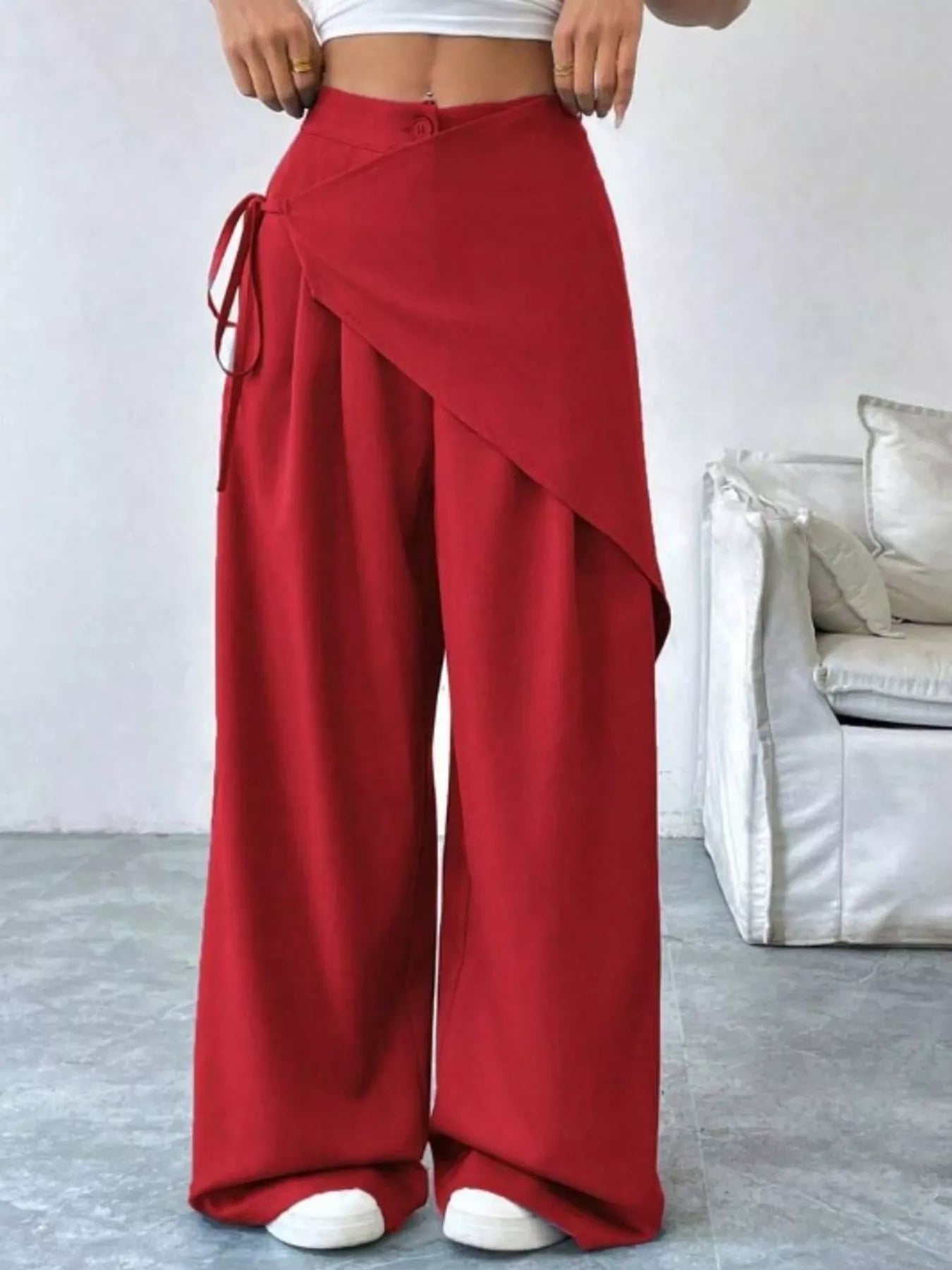 Daverri red wrap-front wide-leg pants with side tie and flowing fabric