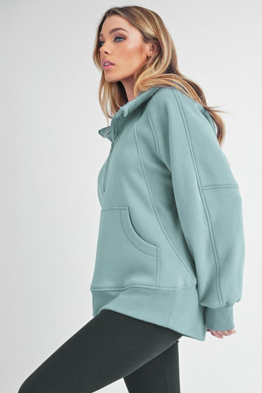 Aemi+Co Half Zip Raglan Sleeve Sweatshirt with Kangaroo Pocket Sweatshirts