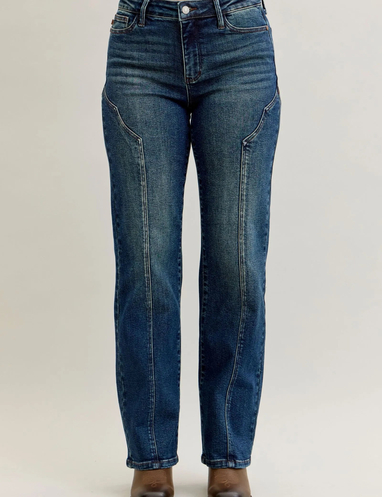 Dark Judy Blue Full Size Seam Detail Straight Leg Jeans Plus Size | Jeans Daverri Fashions