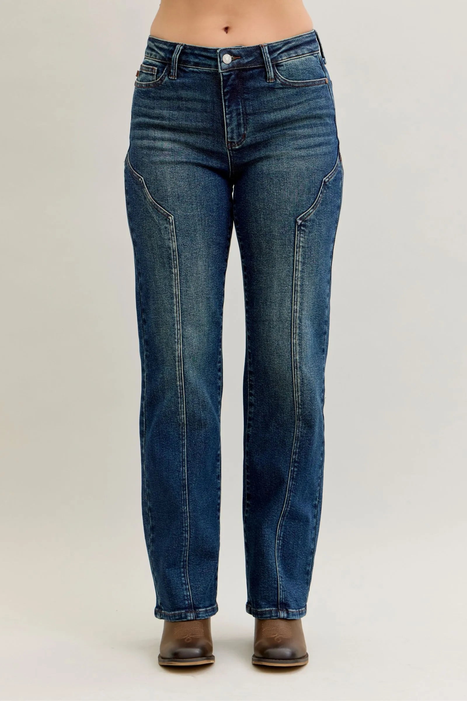 Dark Judy Blue Full Size Seam Detail Straight Leg Jeans Plus Size | Jeans Daverri Fashions