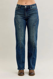 Dark Judy Blue Full Size Seam Detail Straight Leg Jeans Plus Size | Jeans Daverri Fashions