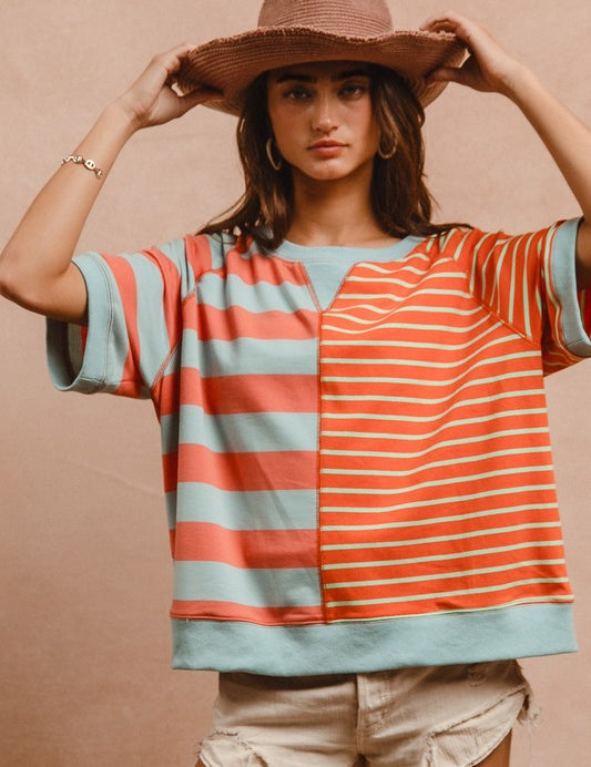 BiBi Striped Round Neck Half Sleeve French Terry Top Coral Blue Tops