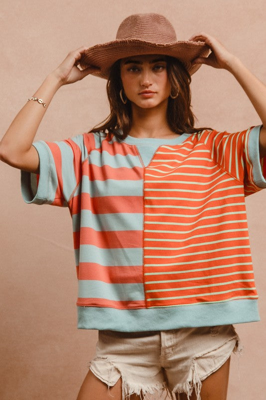 BiBi Striped Round Neck Half Sleeve French Terry Top Coral Blue Tops