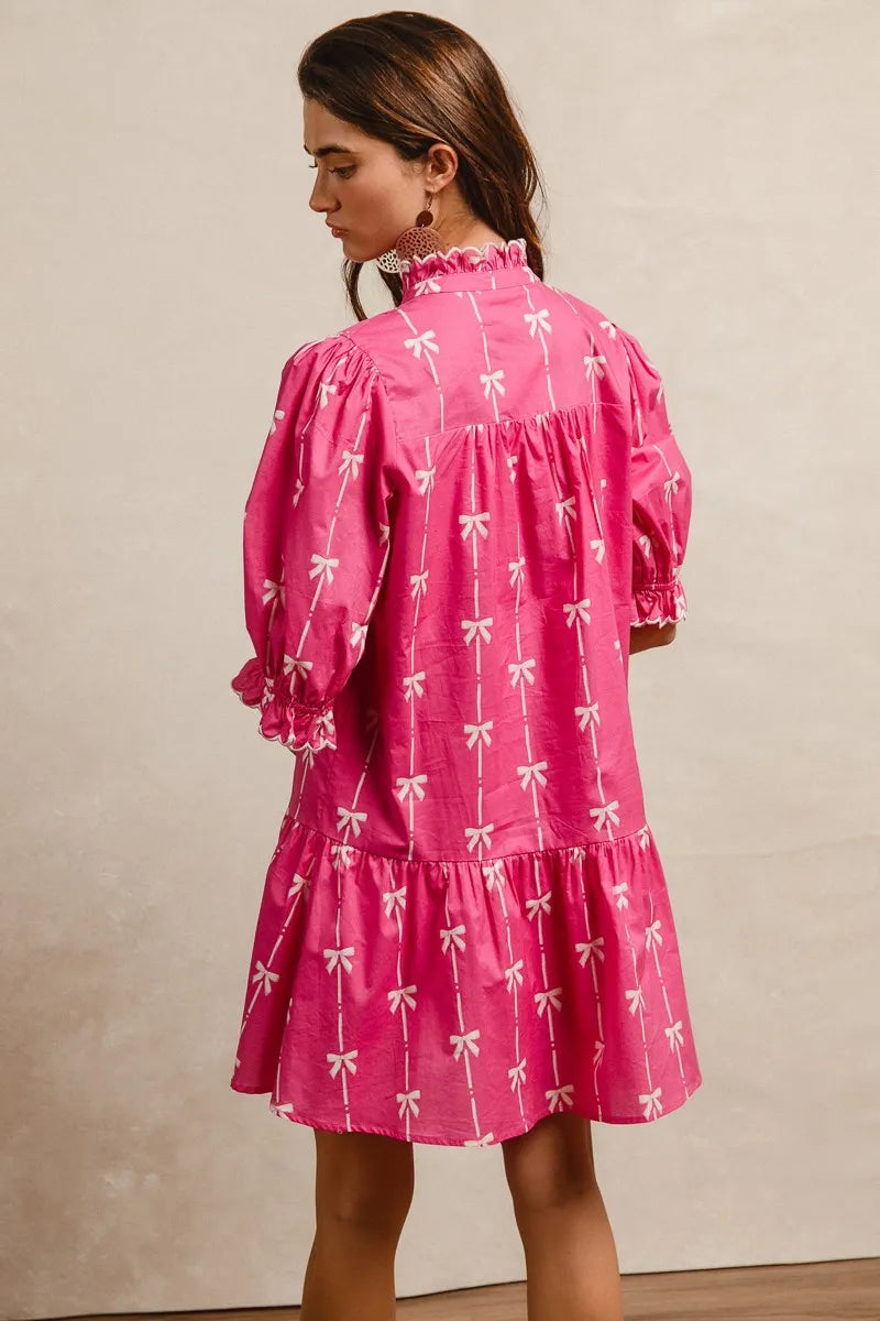 Vibrant pink BiBi ribbon patterns dress with scallops, puffed sleeves, tiered skirt