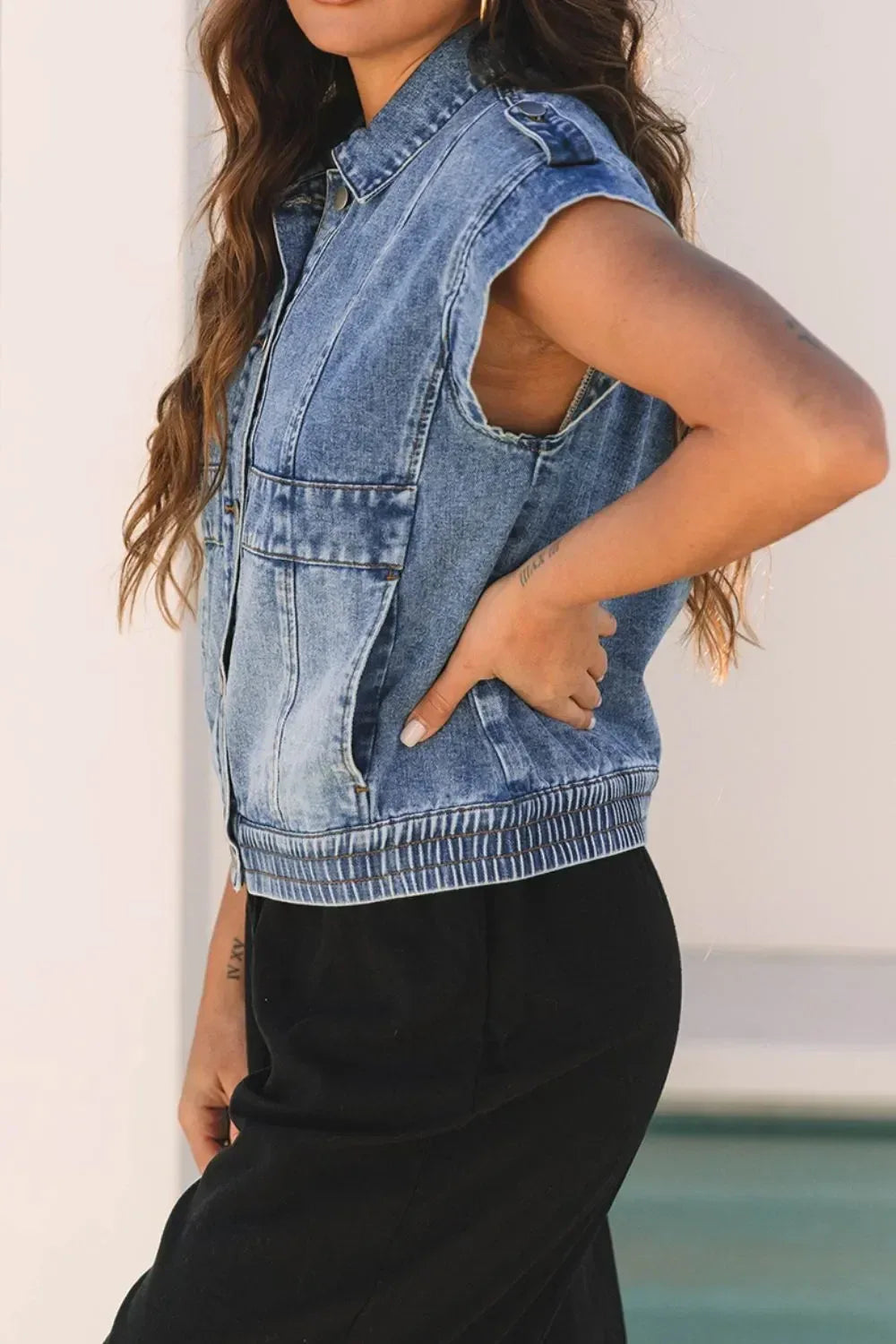 Button Up Cap Sleeve Denim Jacket - DAVERRI FASHIONS