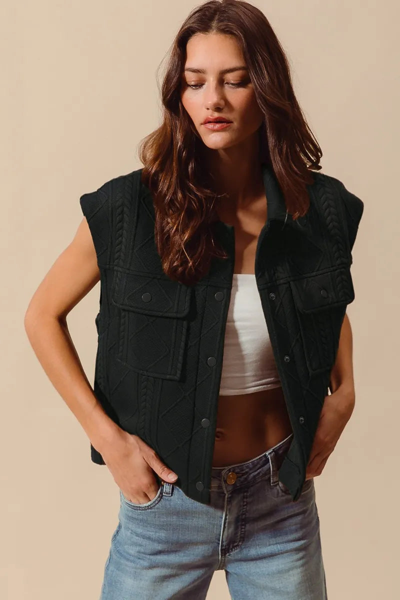 SO ME Cable Quilting Stitch Button Up Knit Vest BLACK Vests
