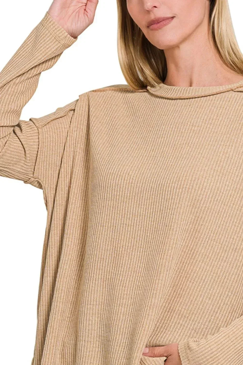 Zenana Ribbed Drop Shoulder Round Neck Sweater - DAVERRI FASHIONS