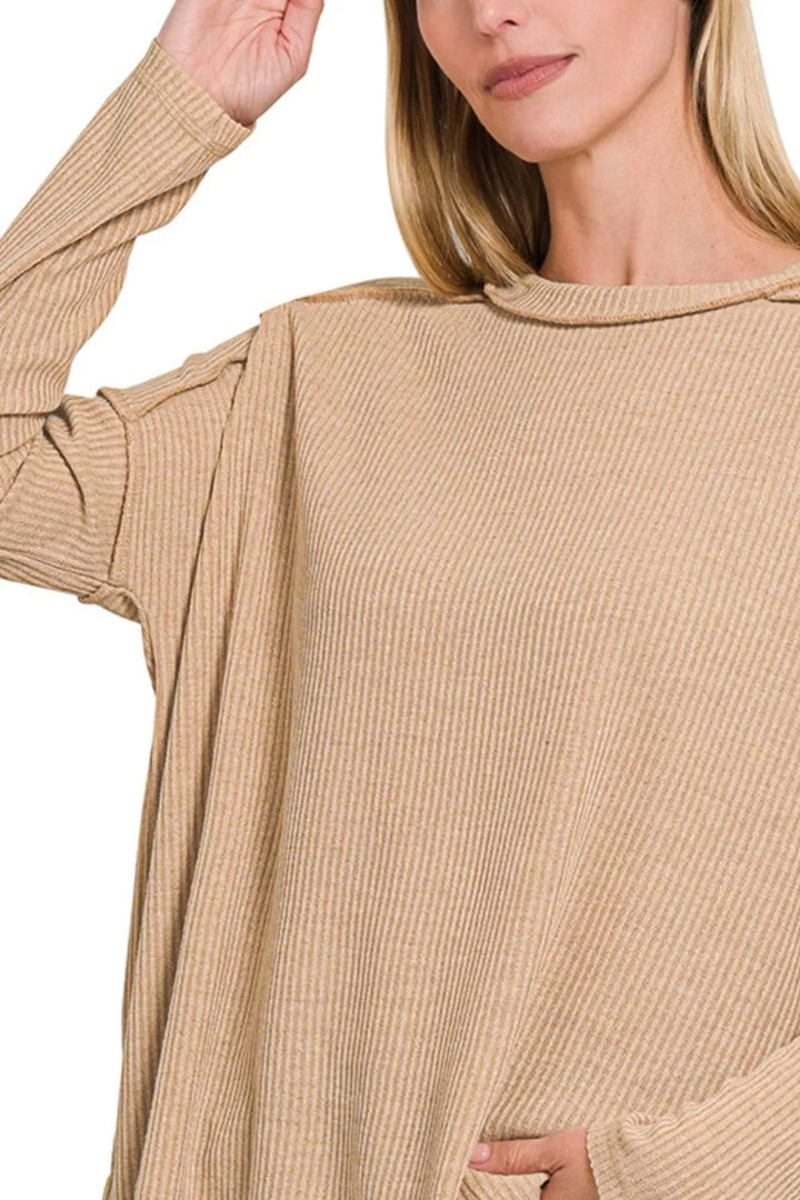 Zenana Ribbed Drop Shoulder Round Neck Sweater | Sweaters Daverri Fashions