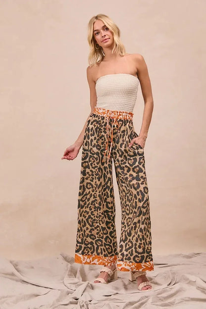 BiBi Leopard Print With Contrast Banded Wide Pants - DAVERRI FASHIONS