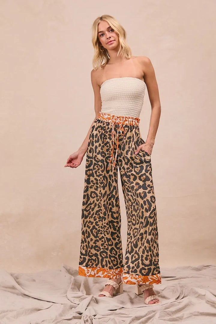 BiBi Leopard Print With Contrast Banded Wide Pants Pants