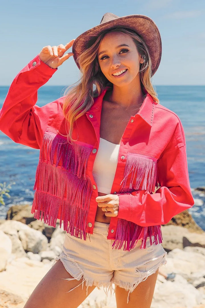 BiBi Rhinestone Fringe with Studed Collar Jacket Jackets