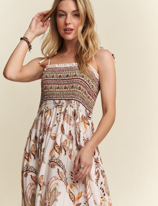 ADORA Smocked Printed Square Neck Tie Shoulder Cami Dress