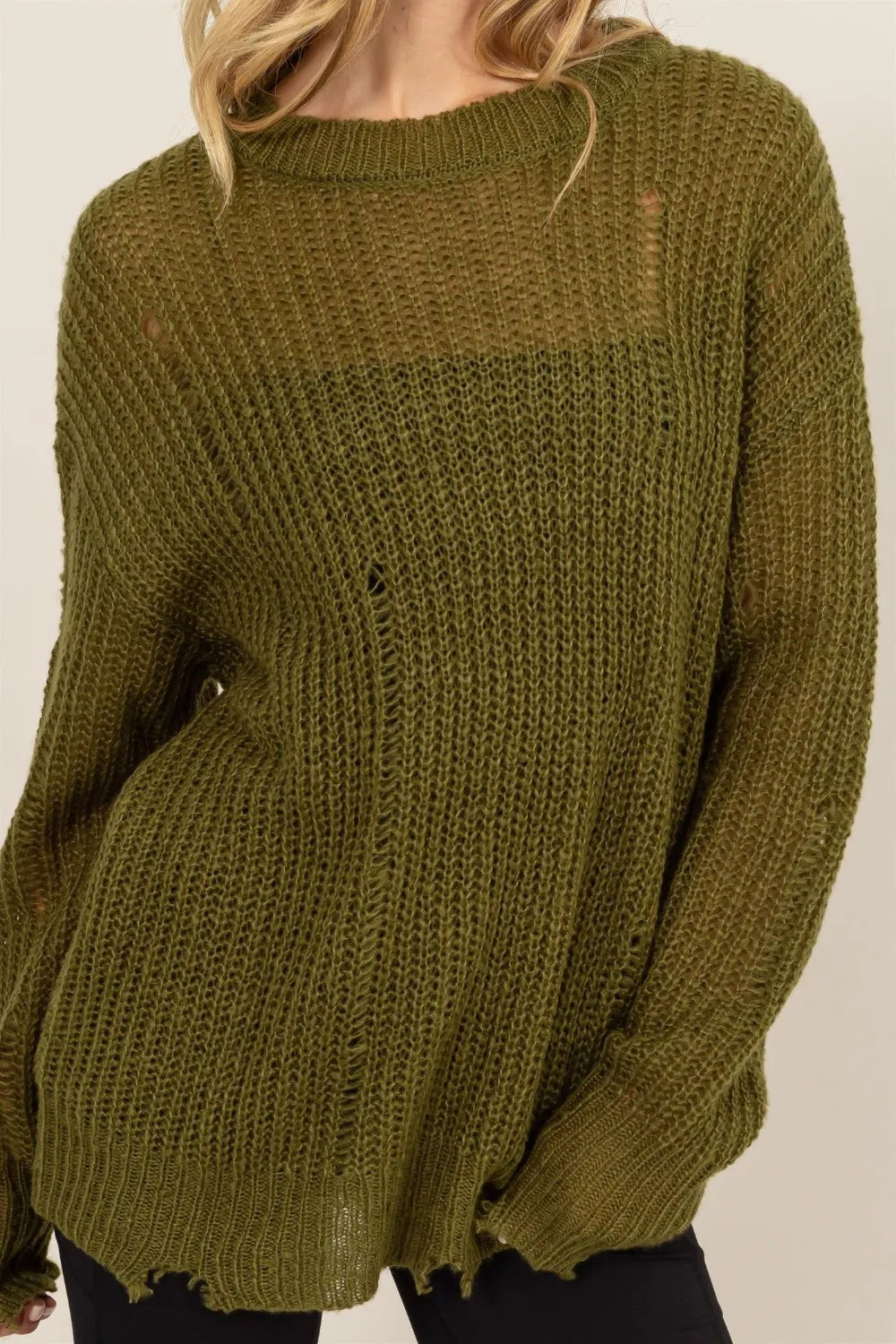 HYFVE Distressed Long Sleeve Knit Top | Knit Tops Daverri Fashions