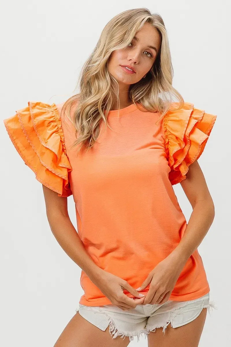 BiBi Knit Top Woven Ruffle Tiered Sleeves - DAVERRI FASHIONS