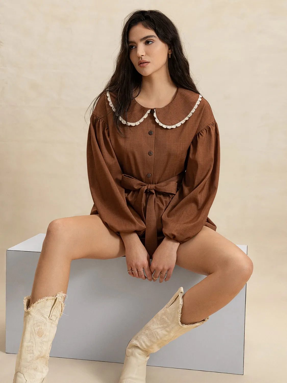Peter Pan Collar Balloon Sleeve Top and Shorts Set | Daverri Fashions