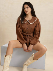 Peter Pan Collar Balloon Sleeve Top and Shorts Set | Daverri Fashions