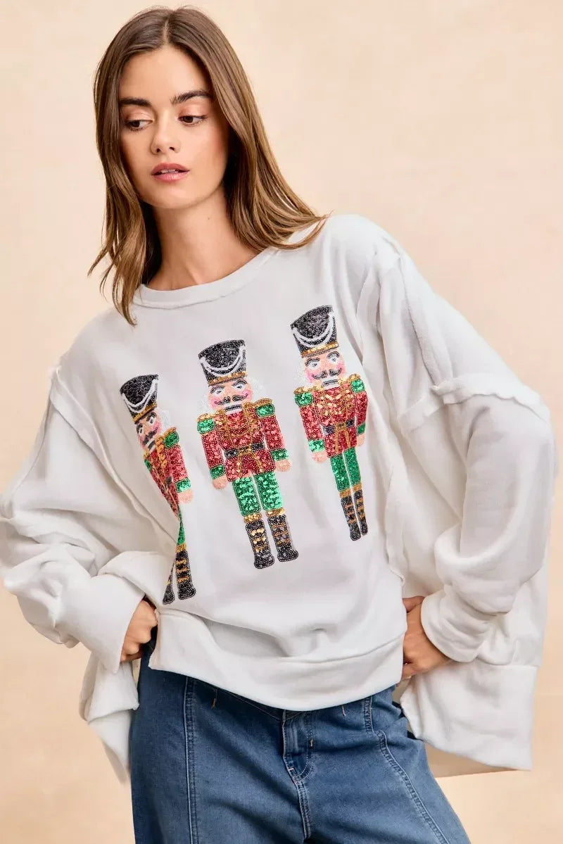 BiBi Christmas Sequin Nutcrackers Embroidery Sweatshirt - DAVERRI FASHIONS