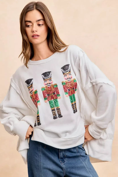 BiBi Christmas Sequin Nutcrackers Embroidery Sweatshirt - DAVERRI FASHIONS