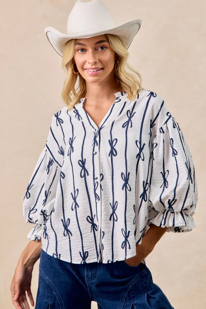 BiBi Bow Ribbon Printed Woven Bubble Sleeves Top | Shirts Daverri Fashions